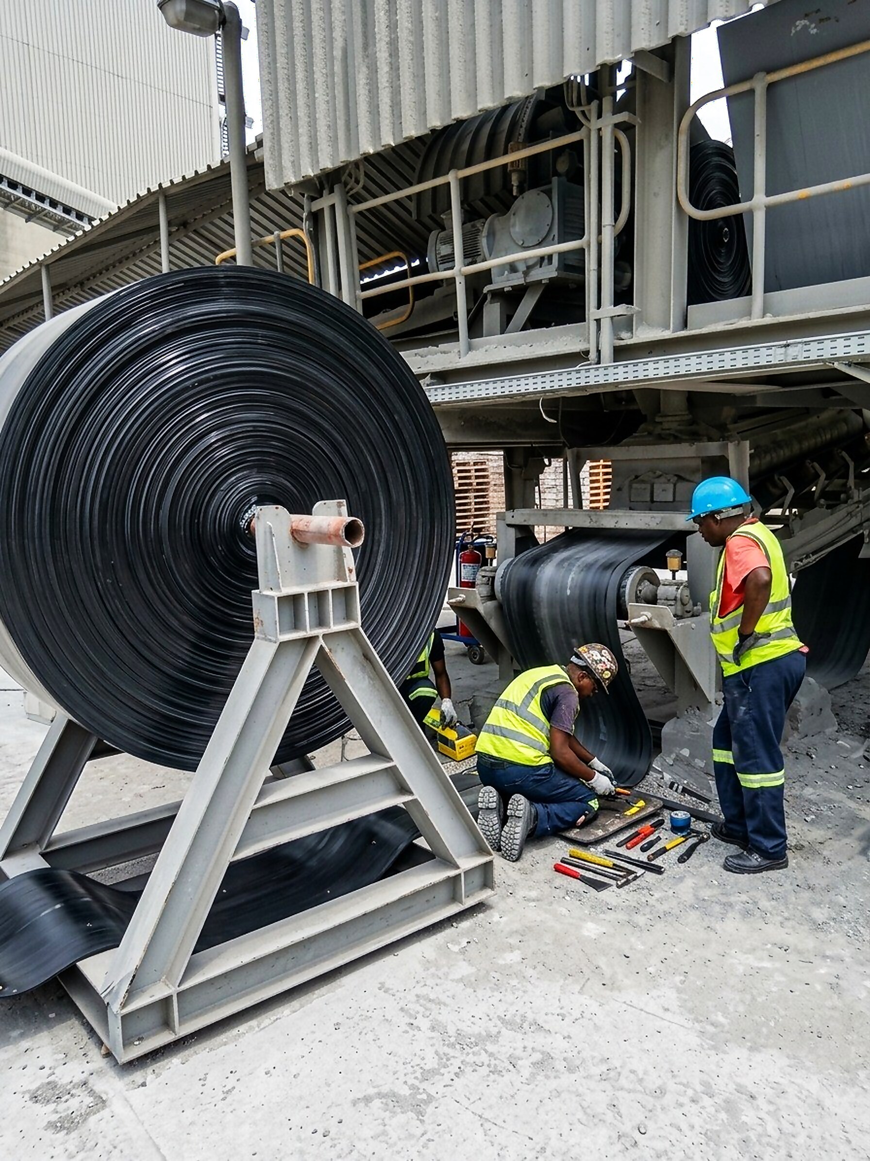 Lungisani crew splicing a new conveyor belt roll on site